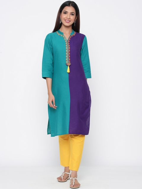 Juniper Women Teal Blue & Purple Colourblocked Straight Kurta