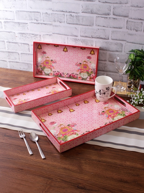 

eyda Set of 3 Pink Color Digital Printed Rectangle Serving Tray