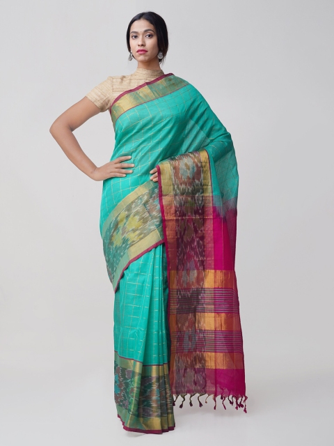 

Unnati Silks Turquoise Blue & Pink Silk Cotton Checked Handloom Pochampally Saree
