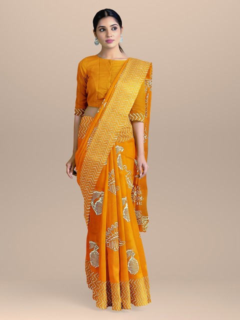 

BharatSthali Orange & Gold-Toned Pure Cotton Block Printed Saree
