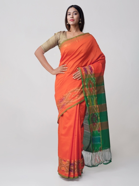 

Unnati Silks Orange Solid Handloom Kanjeevaram Saree