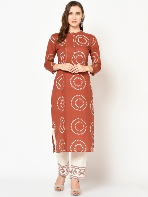 

Yufta Women Rust & Off-White Printed Kurta with Palazzos & Dupatta