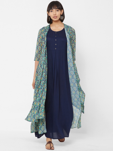 

Vedic Women Sea Green & Navy Blue Solid Maxi Dress With Shrug