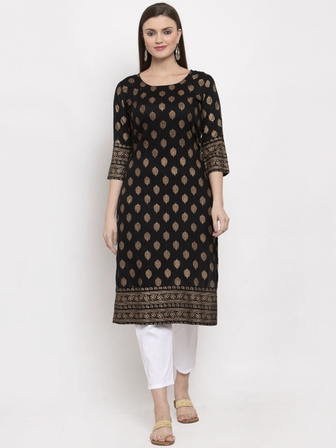 

Clora Creation Women Black & Gold-Coloured Printed Straight Kurta