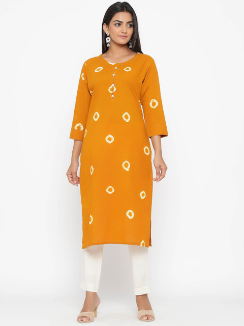 

WomenMagic Women Mustard Yellow & Off-White Printed Straight Kurta