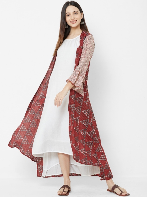 

Vedic Women Maroon & White Solid A-Line Kurta With Attached Jacket
