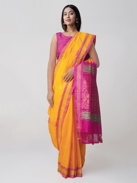 

Unnati Silks Yellow & Pink Silk Cotton Handloom Solid Kanjeevaram Saree
