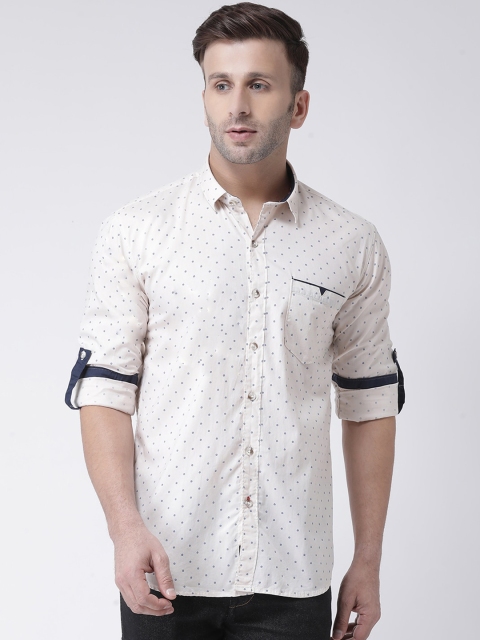 

COBB Men Cream-Coloured & Navy Blue Slim Fit Printed Casual Shirt