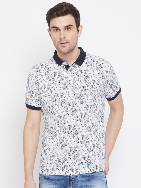 

Crimsoune Club Men White & Blue Floral Printed Polo Collar T-shirt