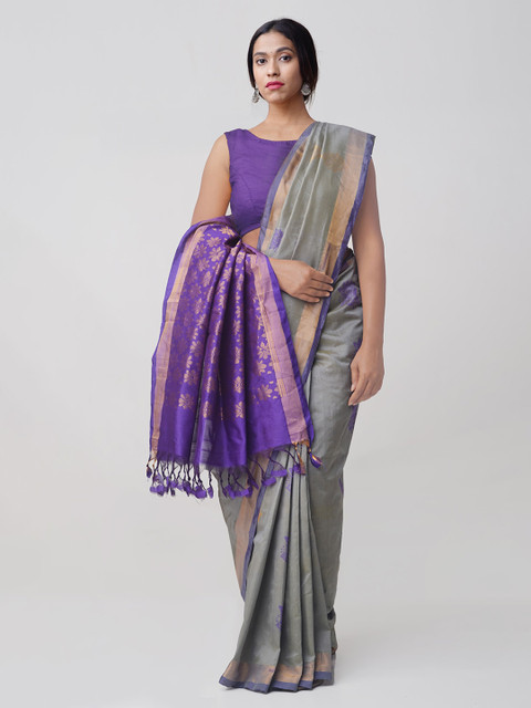 

Unnati Silks Grey & Purple Woven Design Handloom Kanjeevaram Saree