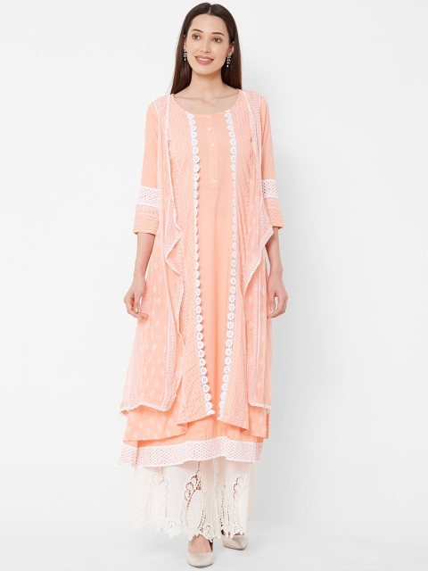 

Vedic Women Peach-Coloured Printed A-Line Kurta