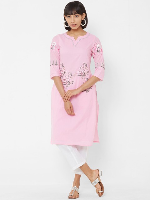 

Vedic Women Pink & White Floral Embroidered A-Line Kurta