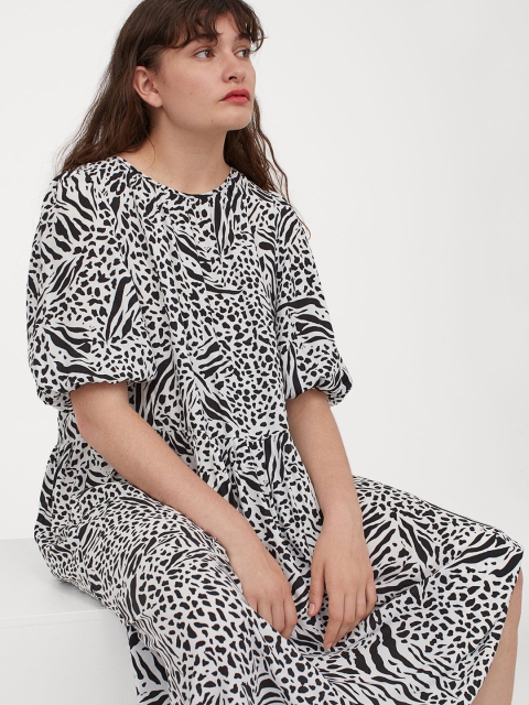 

H&M Women White & Black Printed Calf-Length Dress