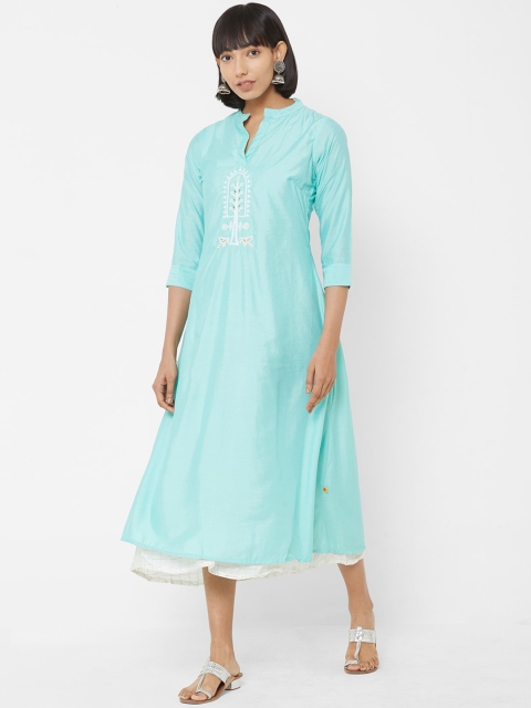 

Vedic Women Turquoise Blue & White Embroidered Layered A-Line Kurta Dress