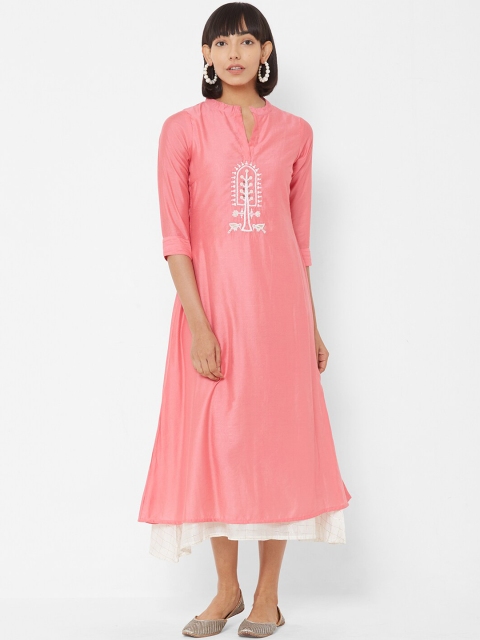 

Vedic Women Pink & White Embroidered Layered A-Line Kurta Dress