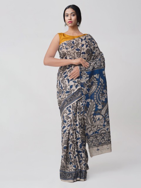 

Unnati Silks Navy Blue & Cream-Coloured Pure Cotton Handloom Kalamkari Printed Saree