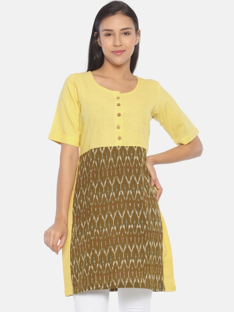 

Resha Women Yellow & Brown Handwoven Ikat A-Line Kurti