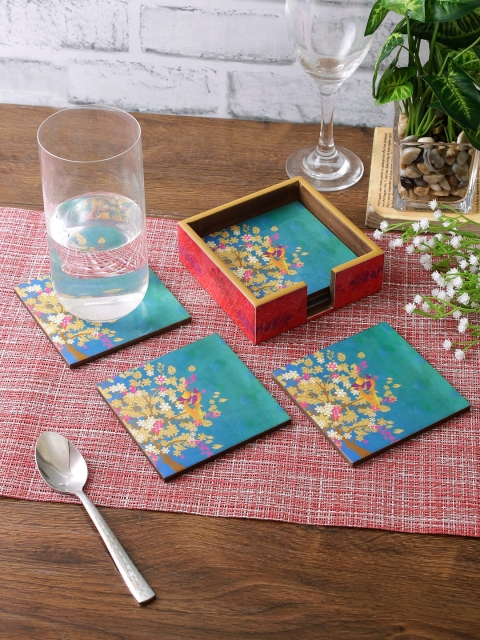 

eyda Set Of 6 Green & Brown Digital Printed Square Wooden Coasters With Holder