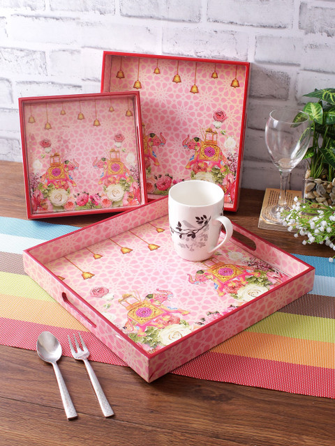 

eyda Set of 3 Pink Digital Printed Square Serving Tray