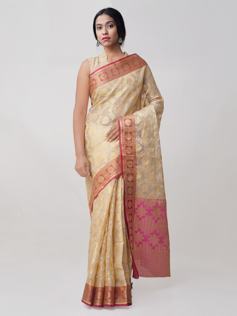 

Unnati Silks Cream-Coloured & Pink Art Silk Woven Design Handloom Kota Saree
