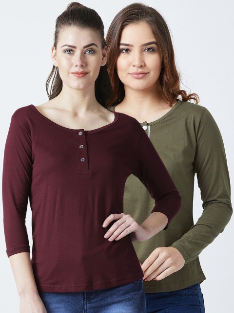 

The Dry State Women Pack Of 2 Solid Slim Fit Henley Neck T-shirts, Olive
