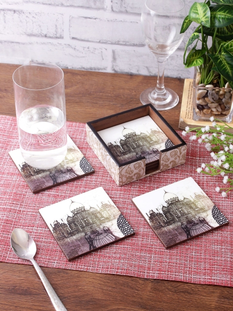 

eyda Set Of 6 Off-White & Black Digital Printed Square Wooden Coasters With Holder