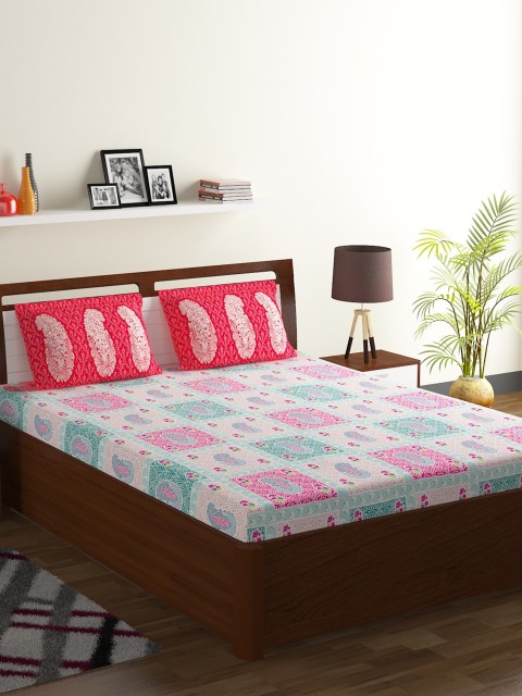 

BOMBAY DYEING Red & Off-White Ethnic Motifs 104 TC Cotton 1 Queen Bedsheet with 2 Pillow Covers