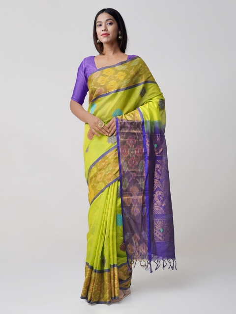 

Unnati Silks Green & Blue Silk Cotton Handloom Woven Design Pochampally Saree