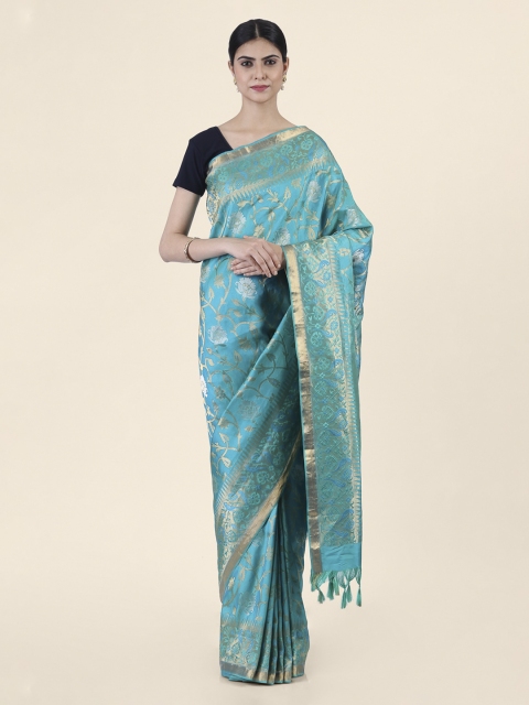 

Hastakala Blue & Gold-Toned Pure Silk Printed Banarasi Saree