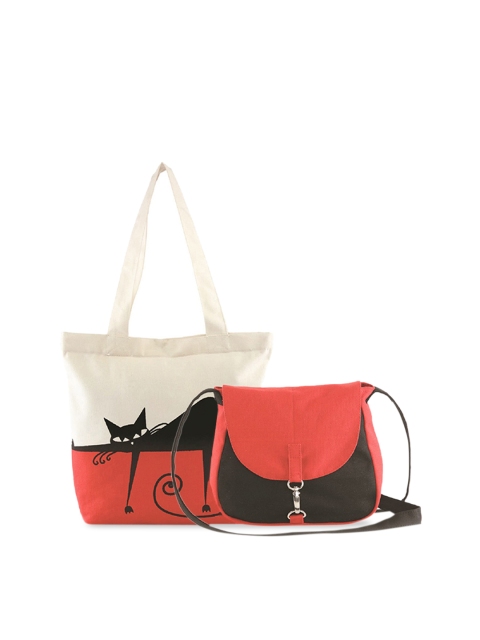 

Vivinkaa Cream-Coloured & Red Printed Tote Bag & Sling Bag