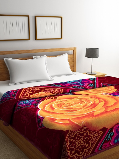 

NEUDIS Maroon & Orange Floral Heavy Winter 600 GSM Double Bed Blanket
