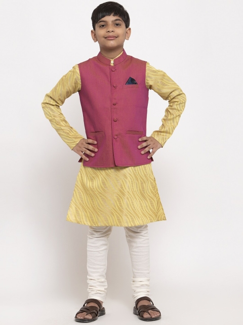 

NEUDIS Boys Yellow & Pink Printed Kurta with Churidar & Nehru Jacket