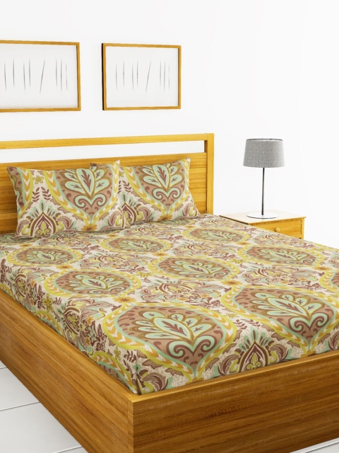 

BIANCA Brown & Green Ethnic Motifs 180 TC Cotton 1 King Bedsheet with 2 Pillow Covers