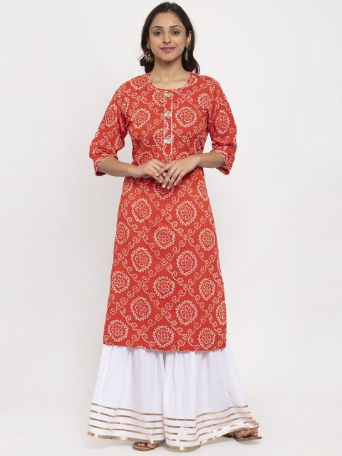 

TAG 7 Women Red & White Bandhani Print Gota Patti Straight Kurta