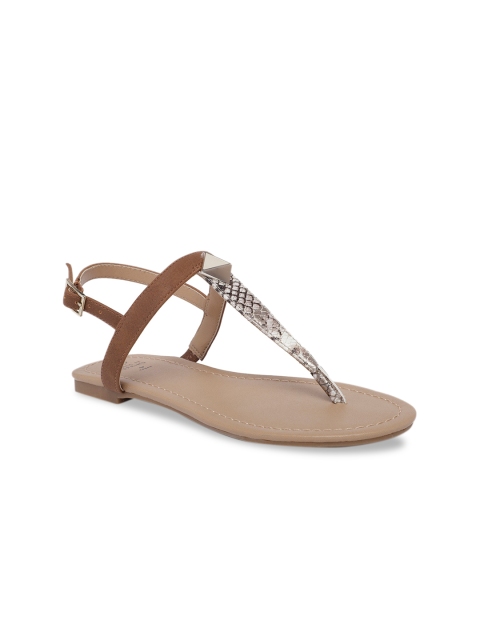 

Call It Spring Women Brown Textured T-Strap Flats