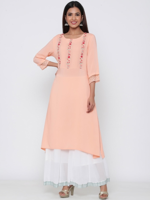 

Juniper Women Peach-Coloured Embroidered A-Line Kurta