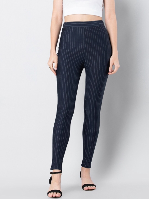 

FabAlley Women Navy Blue & White Striped Skinny-Fit Treggings