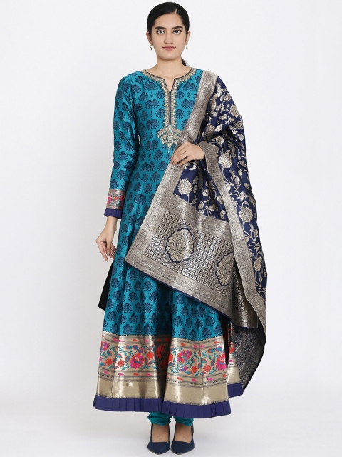 

Koskii Women Green & Navy Blue Woven Design Designer Anarkali Kurta With Dupatta