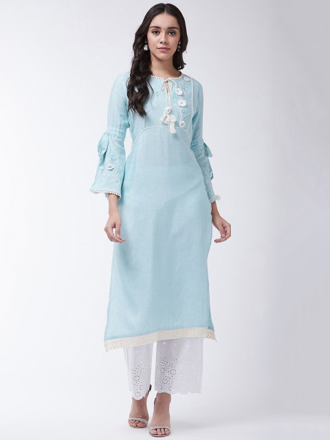 

InWeave Women Turquoise Blue Floral Embroidered Regular Thread Work Pure Cotton Kurta with Trousers