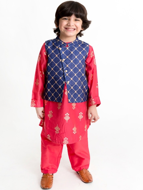 

Lil Peacock Boys Red & Blue Printed Kurta With Trousers & Jacket