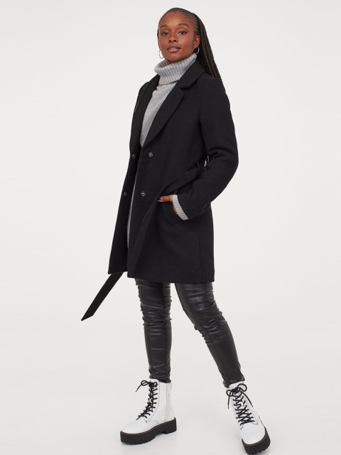 

H&M Women Black Solid Wool-Blend Coat