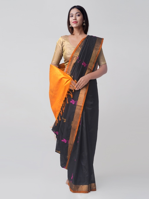 

Unnati Silks Black & Yellow Solid Handloom Kanjeevaram Saree