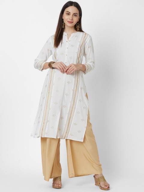 

Vedic Women White & Gold-Coloured Foil Printed A-Line Kurta