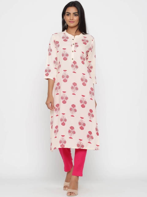 WomenMagic Women Cream-Coloured & Red Printed Straight Kurta