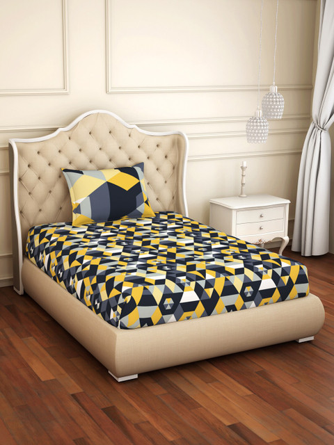 

SPACES Black & Navy Blue Geometric 144 TC Cotton 1 Single Bedsheet with 1 Pillow Cover