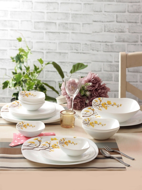 

Laopala White & Yellow Summer Tide Printed 21 Pieces Opalware Dinner Set