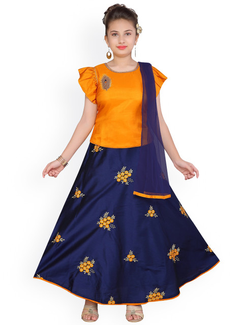 

Aarika Girls Yellow & Navy Blue Solid Ready to Wear Lehenga & Blouse with Dupatta
