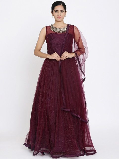 

Koskii Women Burgundy Stonework Embellished Maxi Designer Gown With Dupatta