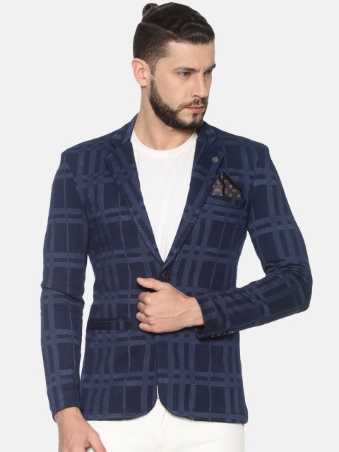 

SHOWOFF Men Navy Blue Checked Slim-Fit Single-Breasted Casual Blazer