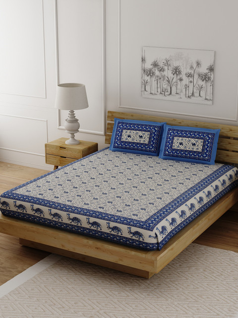 

LIVING ROOTS Blue & Beige Ethnic Motifs 144 TC Cotton 1 King Bedsheet with 2 Pillow Covers